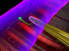 Attosecond camera for nanostructures | When laser light interacts with a nanoneedle (yellow), electromagnetic near-fields are formed at its surface. A second laser pulse (purple) emits an electron (green) from the needle, permitting to characterize the near-fields.