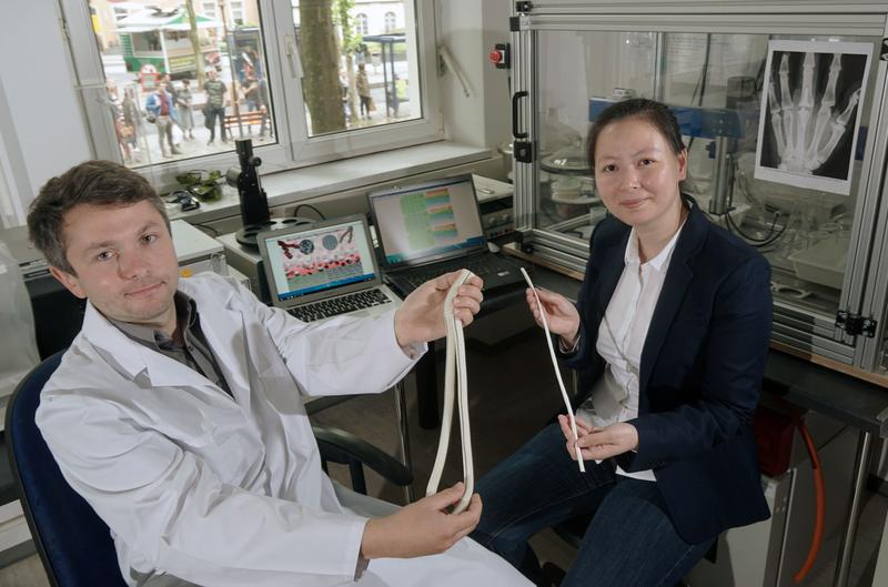 Wie Materialoberflächen Zellgemeinschaften steuern picture 1 | Die Doktoranden Stefan Maenz (l.) und Tam Pham Thanh im Otto-Schott-Institut für Materialforschung der Universität Jena. Foto: Jan-Peter Kasper/FSU
