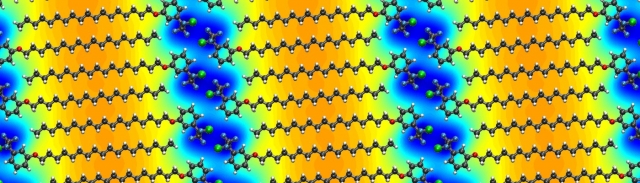 Calculated differential electrical potential induced by a supramolecular lattice of MBB-2 on graphene.  Lohe
