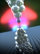 A hydrogen bond forms between a propellane (lower molecule) and the carbon monoxide functionalized tip of an atomic force microscope. University of Basel, Department of Physics