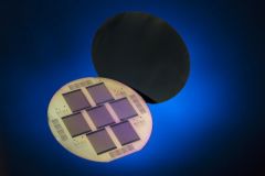 Monocrystalline silicon solar cell with POLO-contacts for both polarities on the solar cell rear side. In the foreground the rear side of seven solar cells processed on one wafer can be seen. ISFH