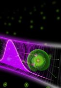 After the interaction of a xenon atom with two photons from an attosecond pulse (purple), the atom is ionized and multiple electrons (green balls) are ejected. This two-photon interaction is made possible by the latest achievements in attosecond technology. Graphic: Christian Hackenberger