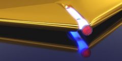 Artistic representation of a plasmonic nano-resonator realized by a narrow slit in a gold layer. Upon approaching the quantum dot (red) to the slit opening the coupling strength increases. Image: Heiko Groß