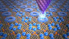 Graphic animation of a possible data memory on the atomic scale: A data storage element - consisting of only 6 xenon atoms - is liquefied by a voltage pulse. Universität Basel, Departement of Physics