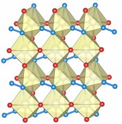 The structure of rhenium nitride pernitride containing single nitrogen atoms (red) and N-N nitrogen dumbbells (blue). Larger balls show rhenium atoms. Illustration: Maxim Bykov. Illustration: Maxim Bykov.